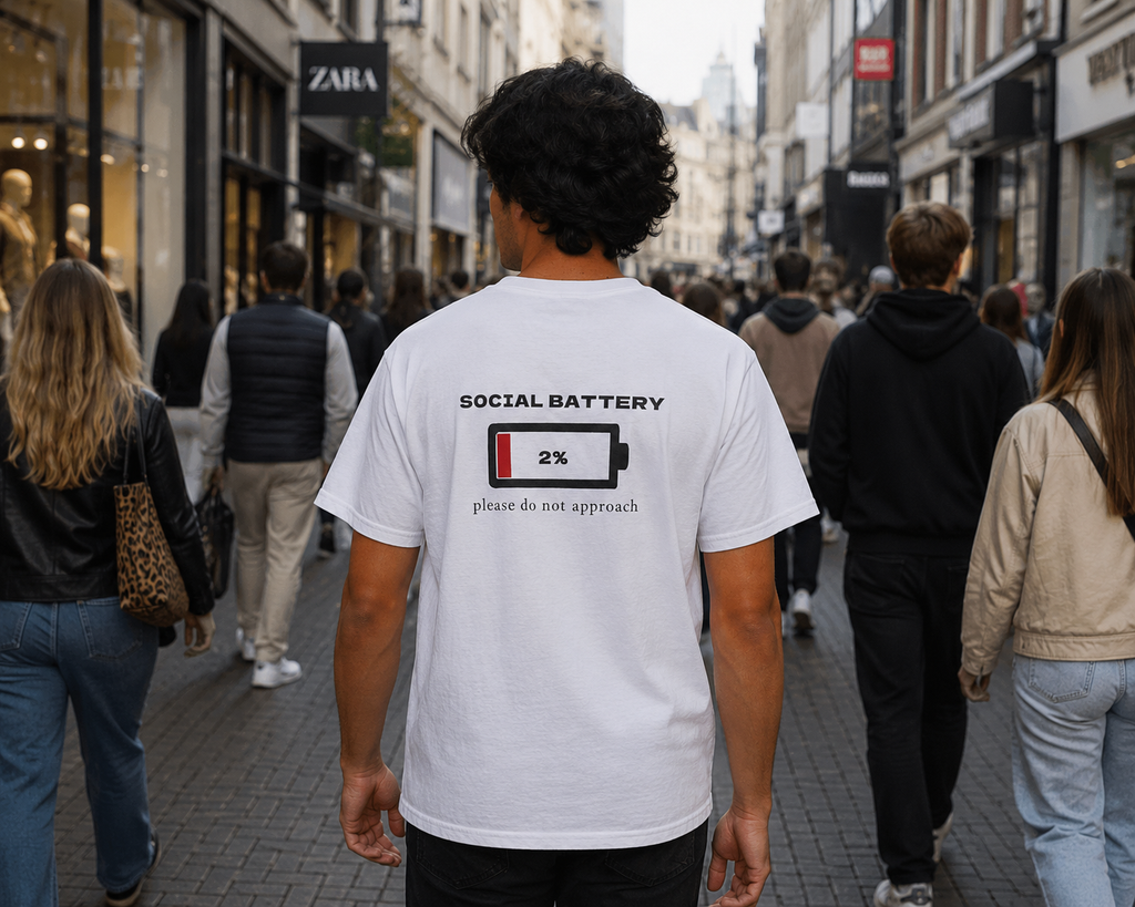 Social Battery Tee — "Social Battery 2% Please Do Not Approach" Minimal Graphic T‑Shirt